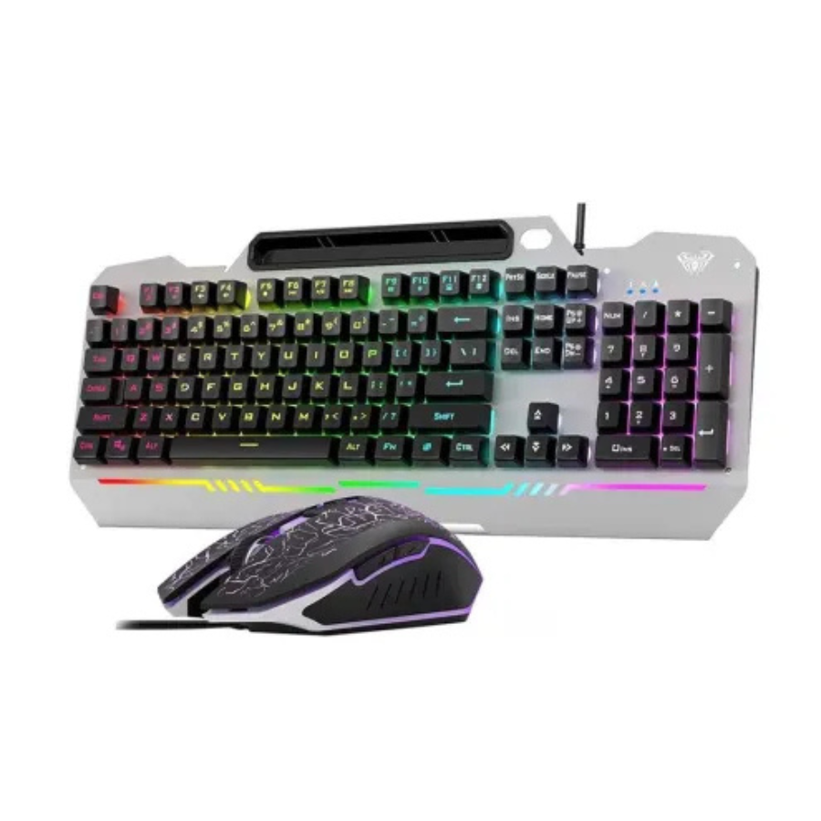 AULA T102 RAINBOW BACKLIT BALCK SILVER WIRED KEYBORAD & MOUSE